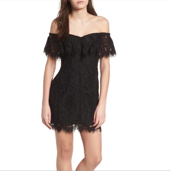 Wayf Black Lace Off the Shoulder Mini Cocktail Dress, M - Picture 1 of 16